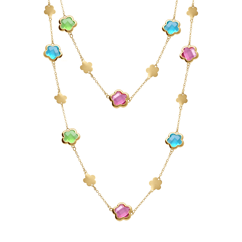 Collier en acier dor� sautoir pastilles fleur et oxydes forme fleur multi couleur - Vue 2