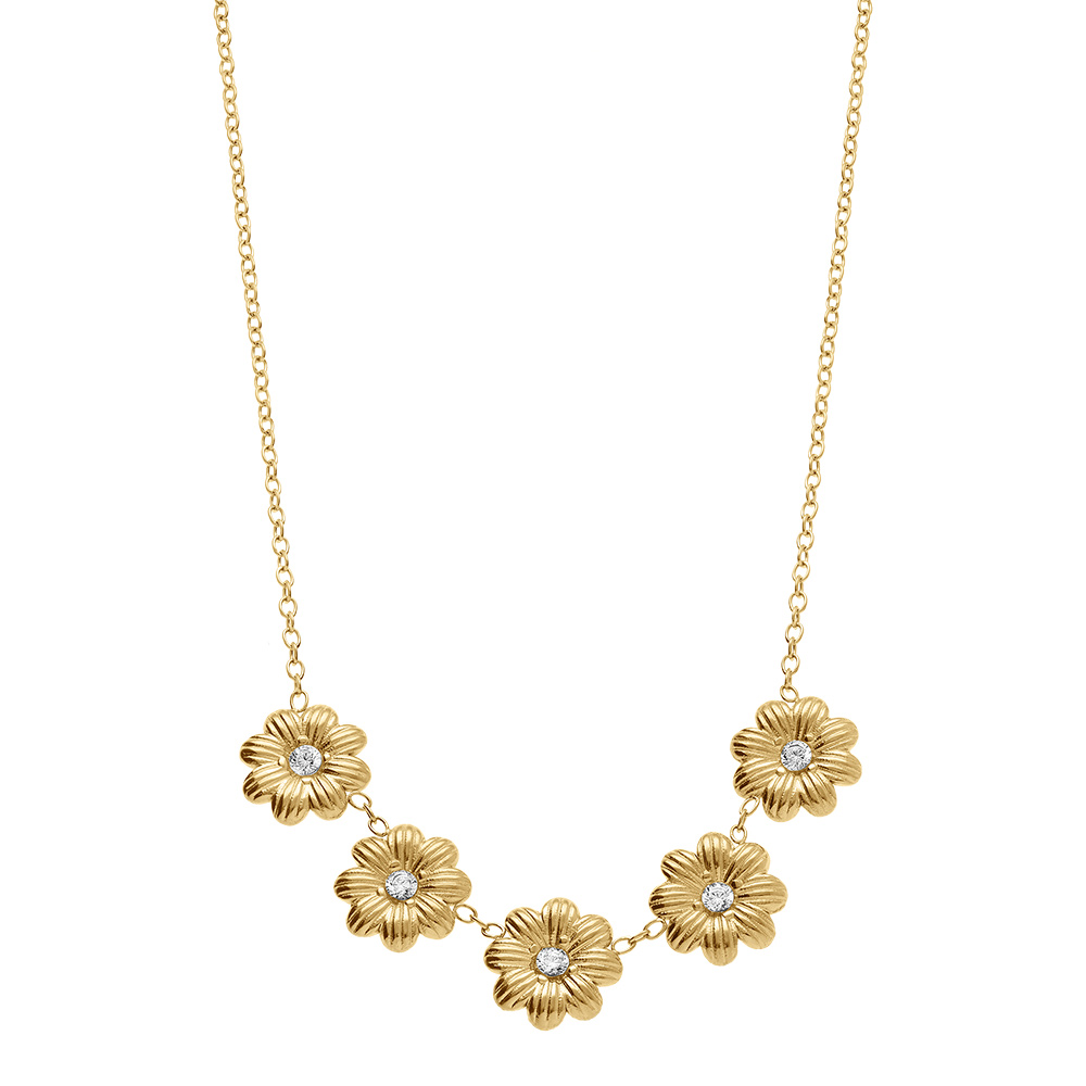 Collier en acier dore cinq  fleurs avec oxydes blancs sertis - 42+5cm - Vue 2