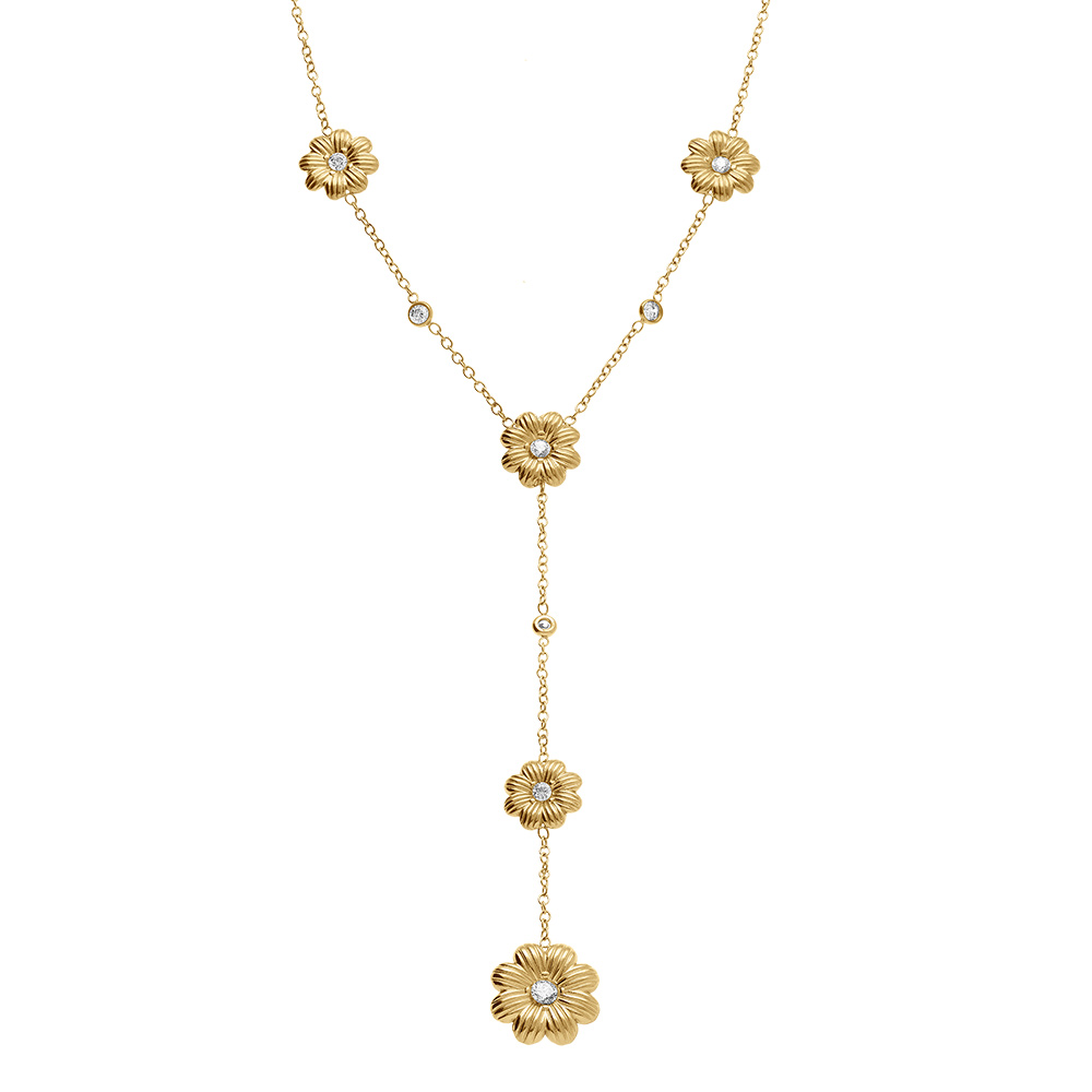 Collier en acier dore forme cravate avec fleurs et oxydes blancs sertis - 42+5cm - Vue 2