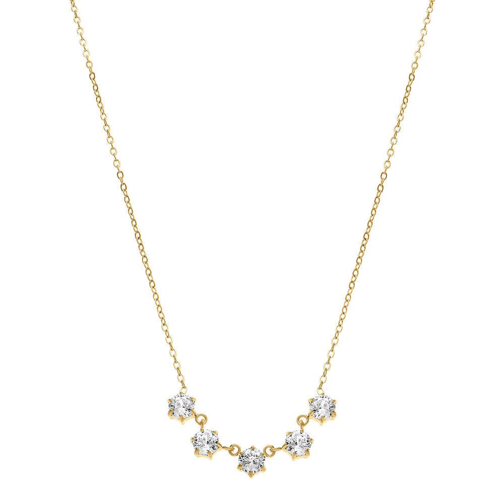 Collier en acier dor� cinq oxydes blancs sertsi griffes - 41+5cm - Vue 2