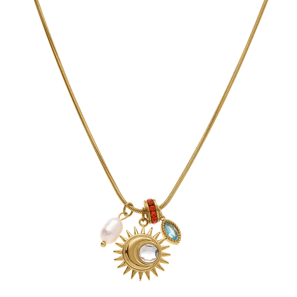 Collier en acier dor� soleil, perle blanche imitation et oxydes - 45+5cm - Vue 2