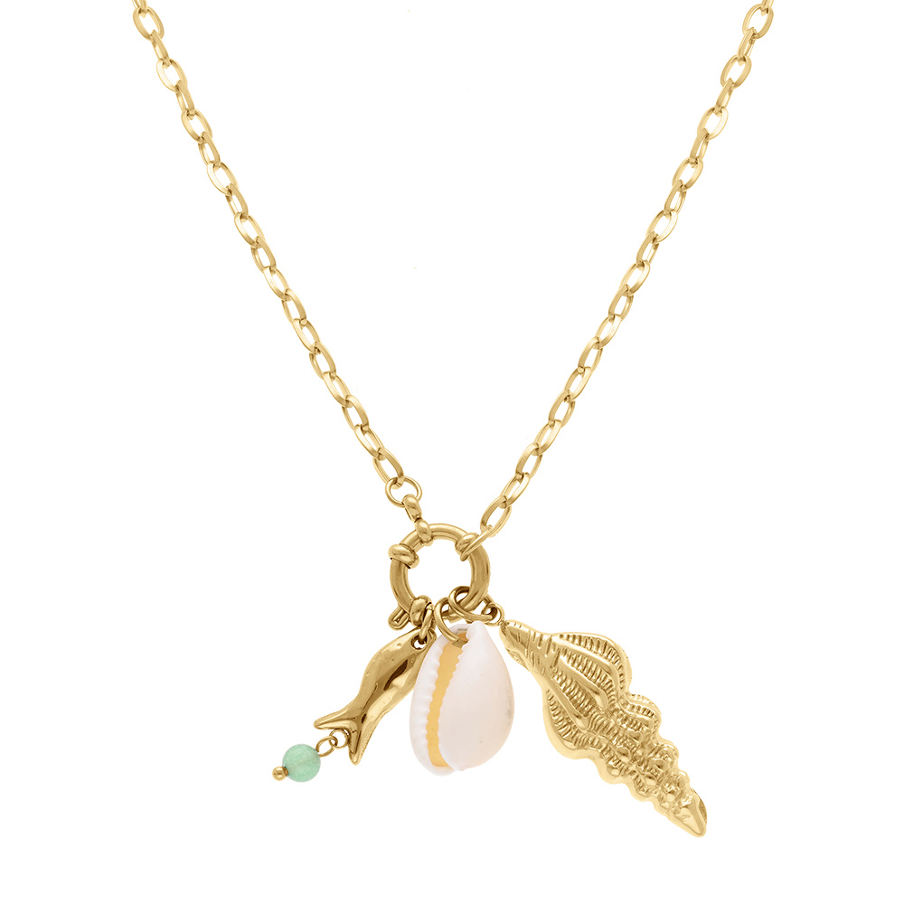 Collier en acier dor� poisson, coquillage imitation - 47cm - Vue 2