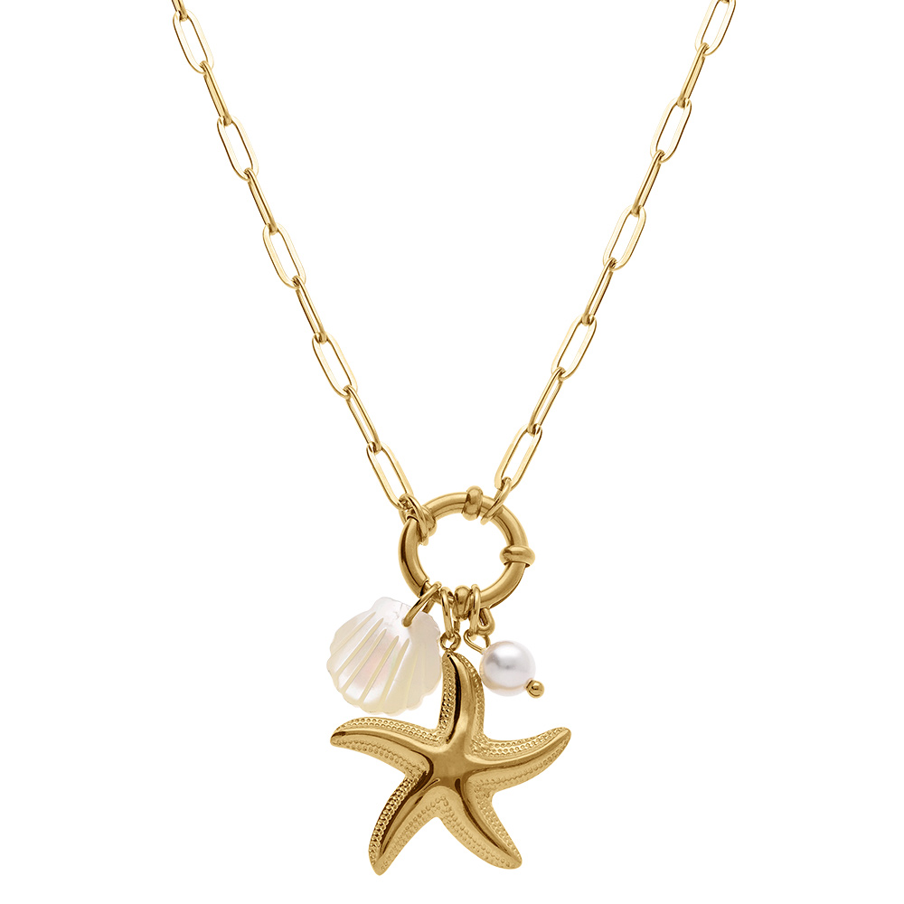 Collier en acier dor� etoile de mer et coquillage imitation et perle blanche imitation - 46cm - Vue 2