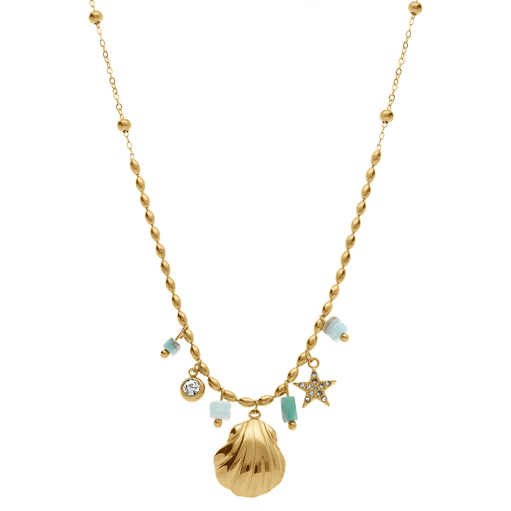Collier en acier dor� pampilles coquillage, oxyde blanc serti clos et etoile orn�e d\'oxydes - 41cm+5cm - Vue 2