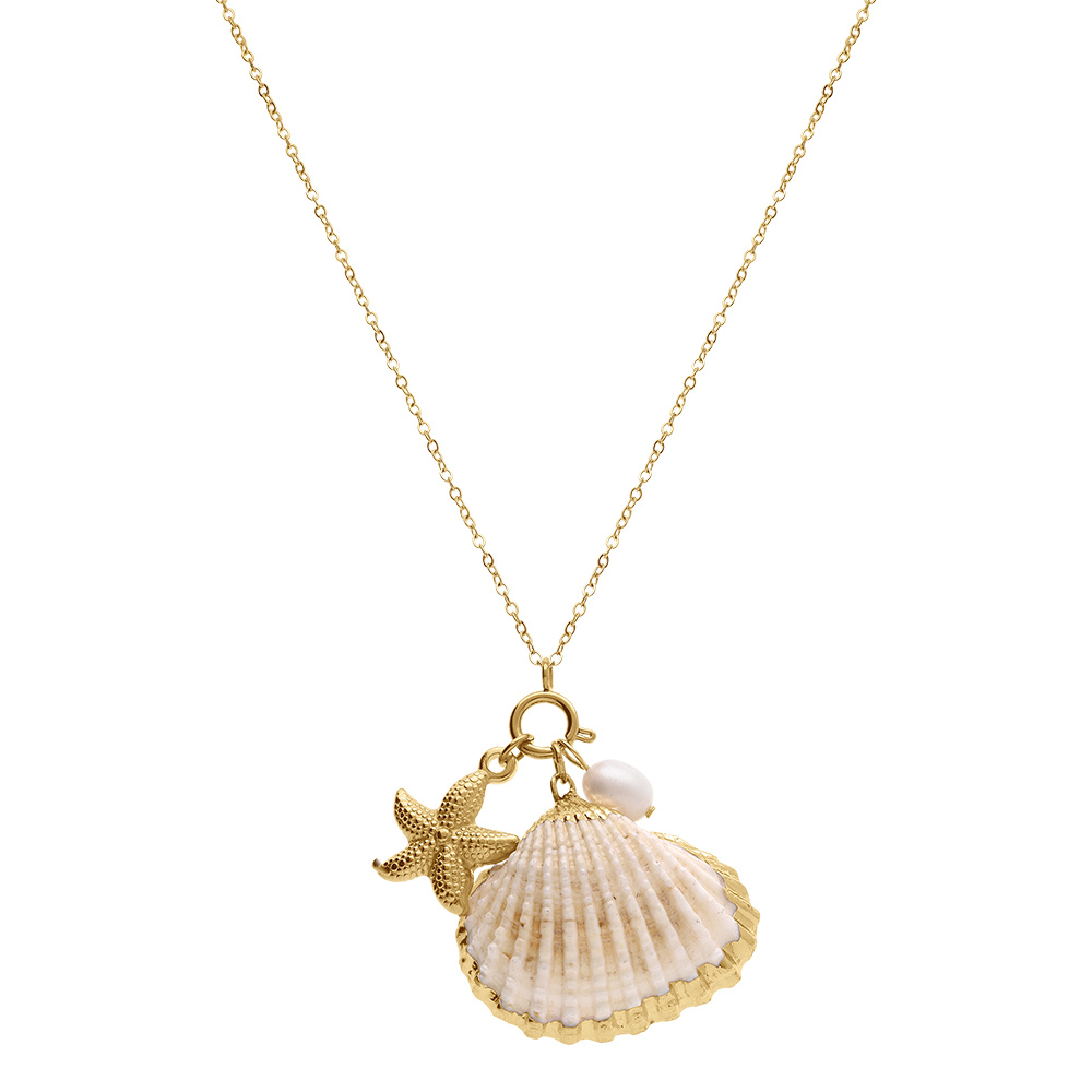 Collier en acier dor� coquillage imitation, etoile de mer et perle blanche imitation -  50+5cm - Vue 2