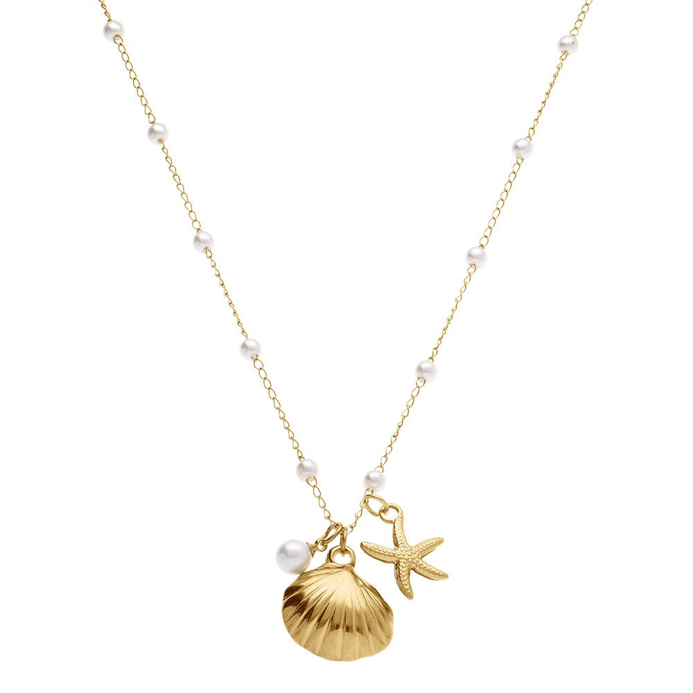 Collier en acier dor� coquillage, etoile de mer et perles blanches imitation - 41.5+5.5cm - Vue 2