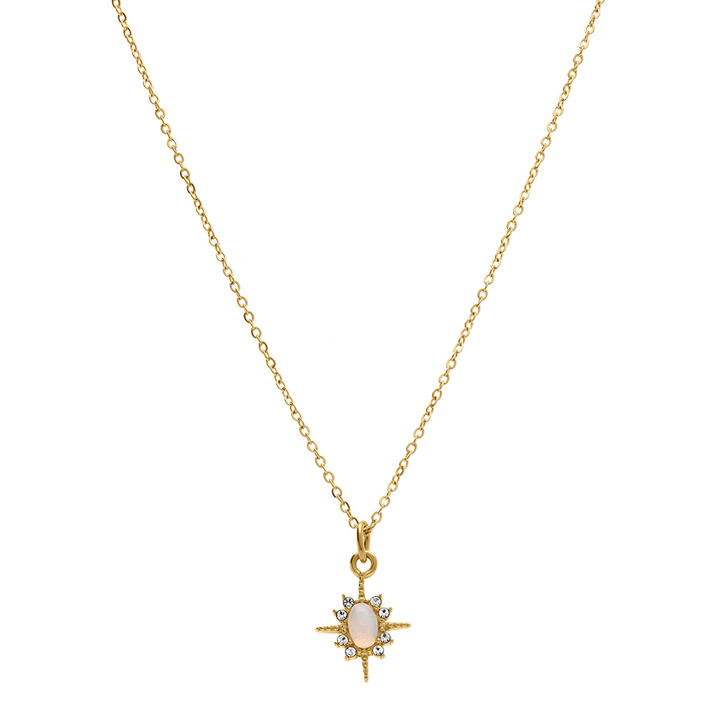 Collier en acier dor� perle ovale imitation et contour d\'oxydes blancs - Vue 2