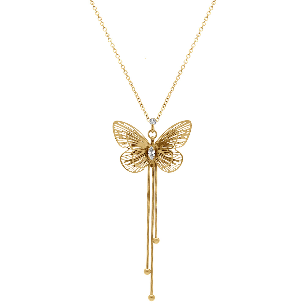 Collier en acier dor� pendentif papillon oxyde blanc et pendant trois fils - 45+5cm - Vue 2