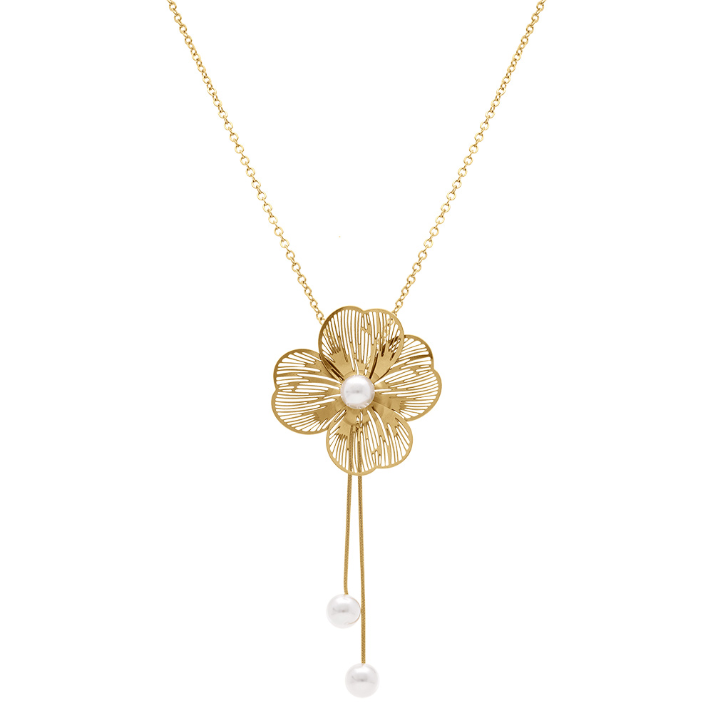 Collier en acier dor� pendentif fleur et perles blanches imitation pendant trois fils - 45+5cm - Vue 2