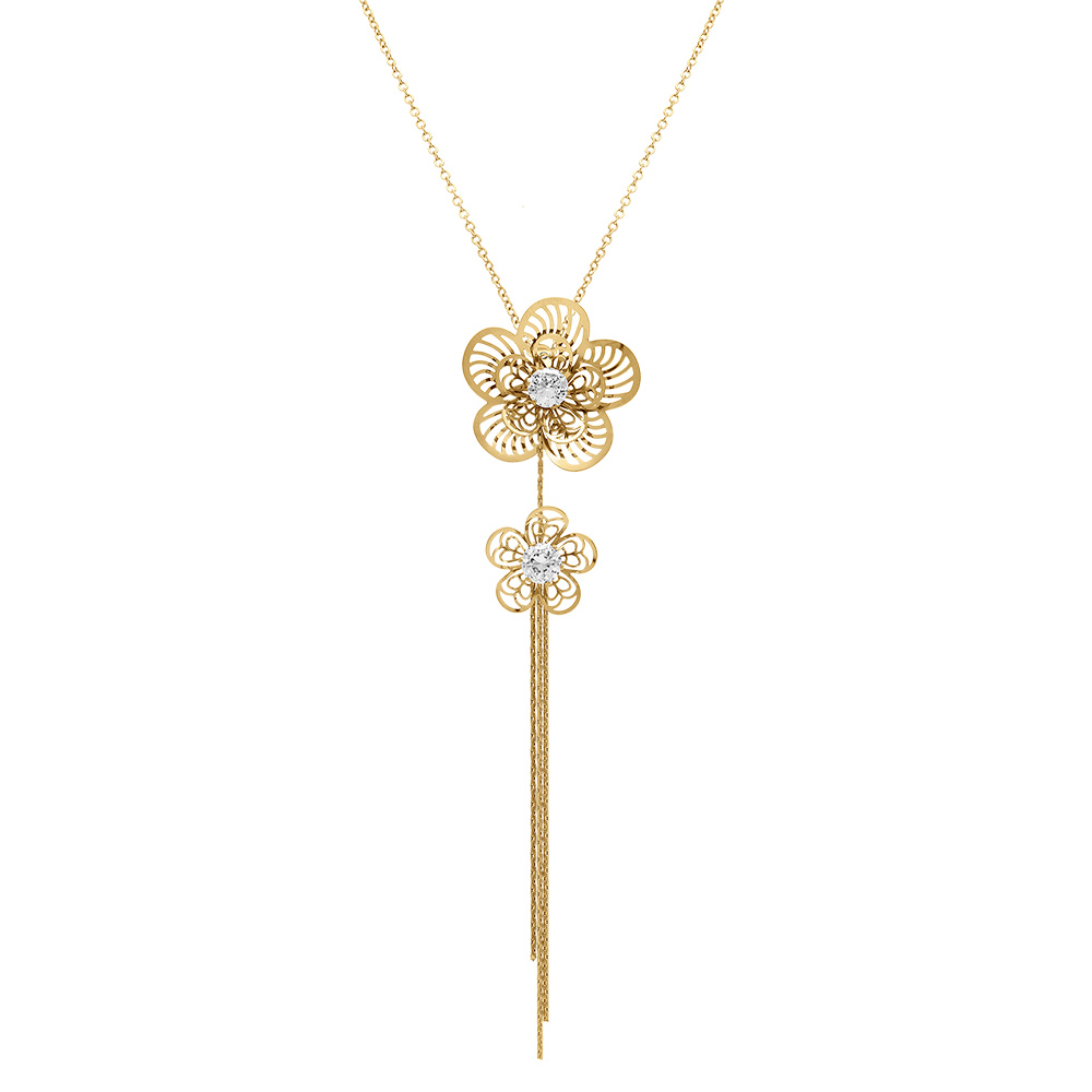 Collier en acier dor� double fleur d\'oxyde blanc pendant trois  fils - 45+5cm - Vue 2