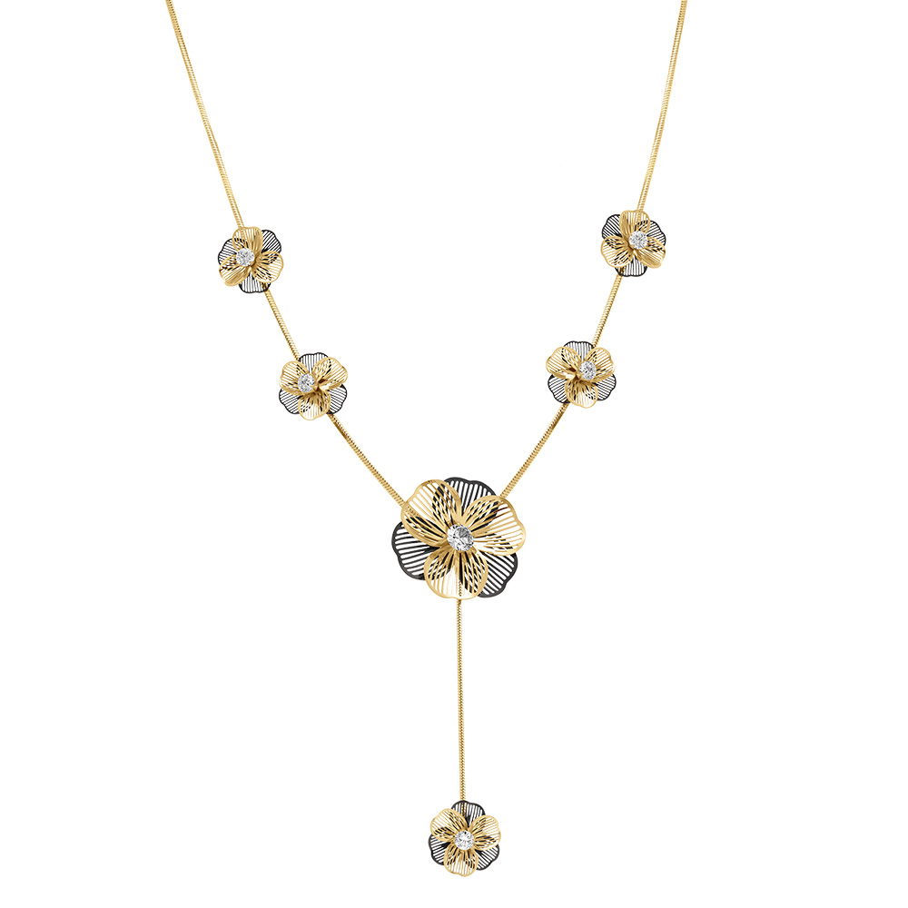 Collier en acier dor� forme Y six  fleurs d\'oxydes blancs - 45+5cm - Vue 2