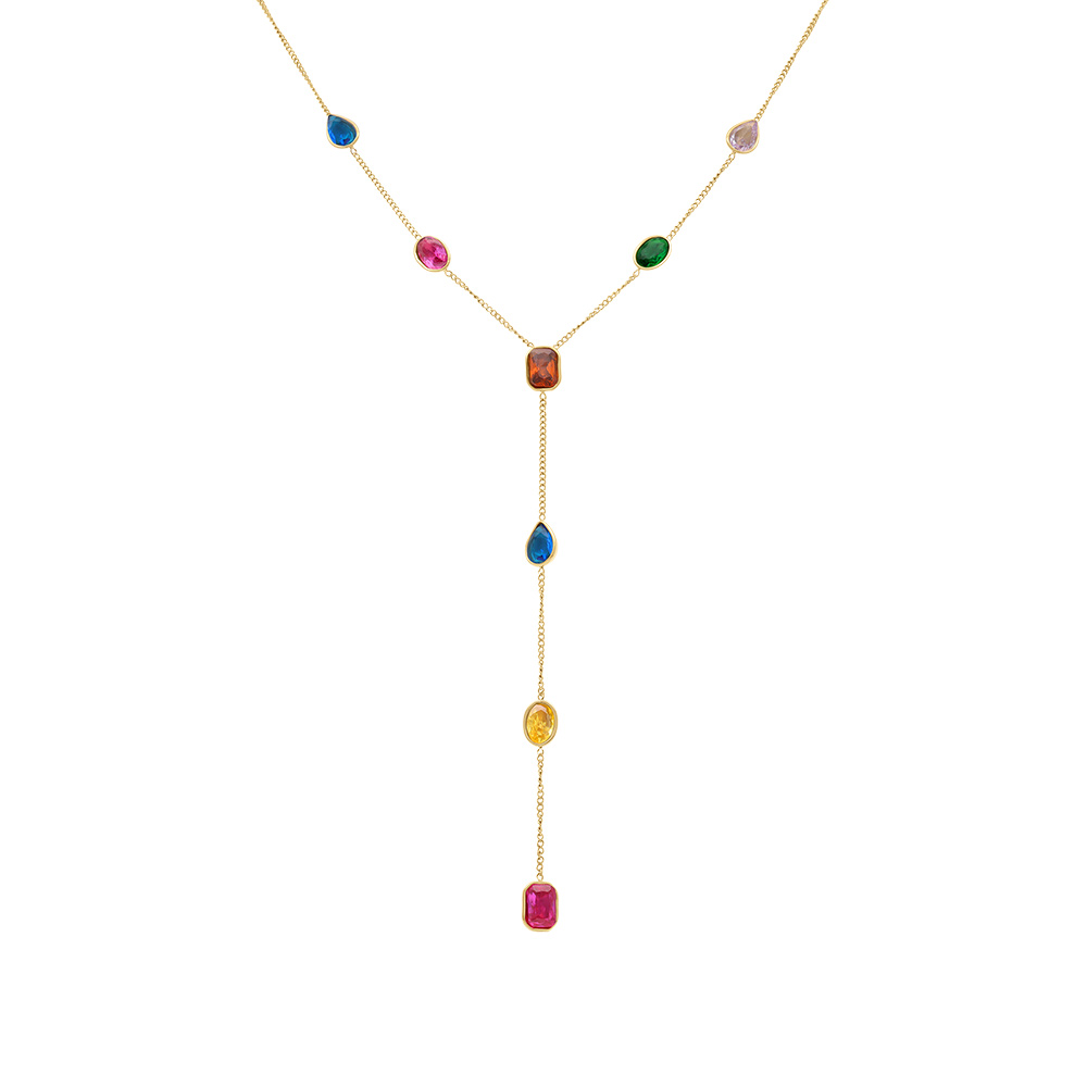 Collier en acier dor� forme cravate avec oxydes multi couleurs  - 45+5cm - Vue 2