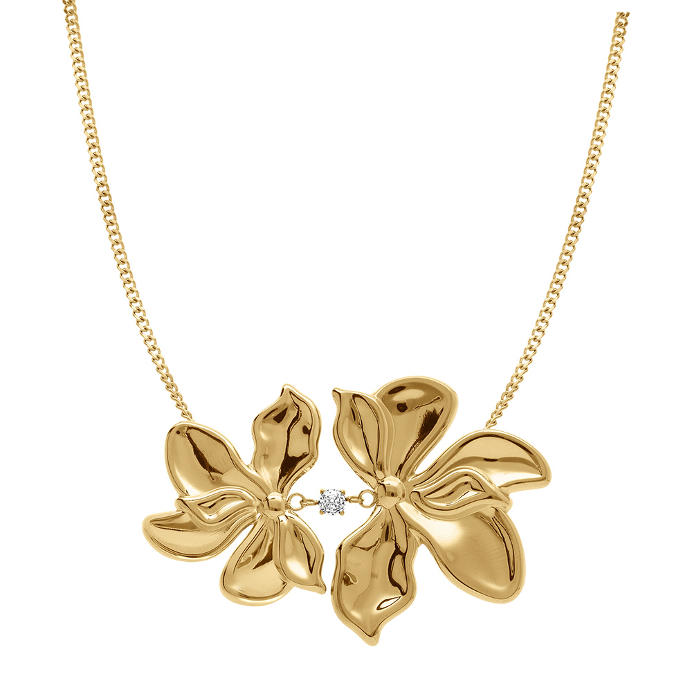 Collier en acier dor� double fleur 40mm et un oxyde blanc serti  - 43+5cm - Vue 2