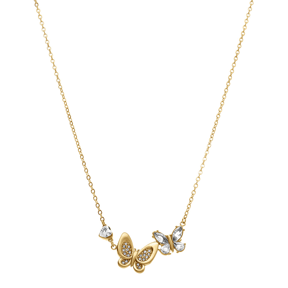 Collier en acier dor� double papillon et coeur d\'oxydes blancs sertis - 40+5cm - Vue 2