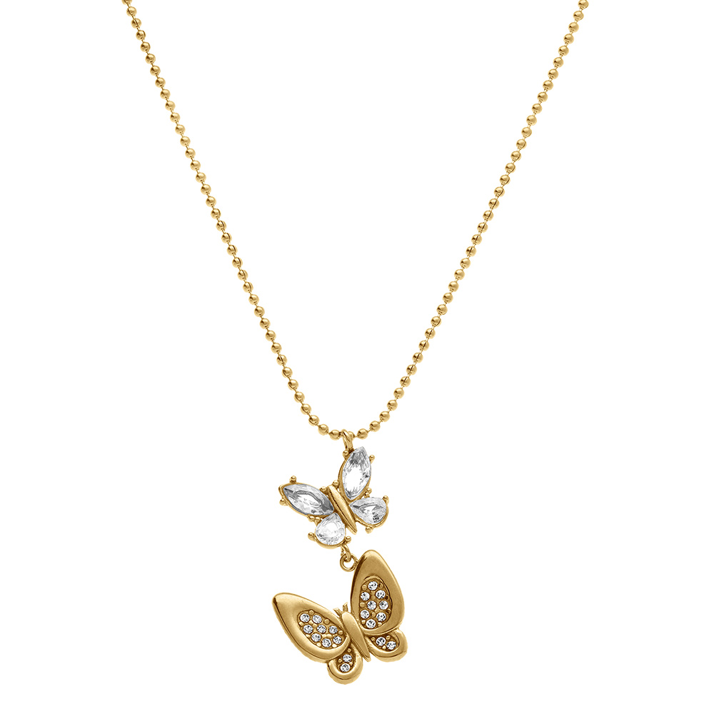 Collier en acier dor� double papillon avec oxydes blancs sertis - 45+5cm - Vue 2