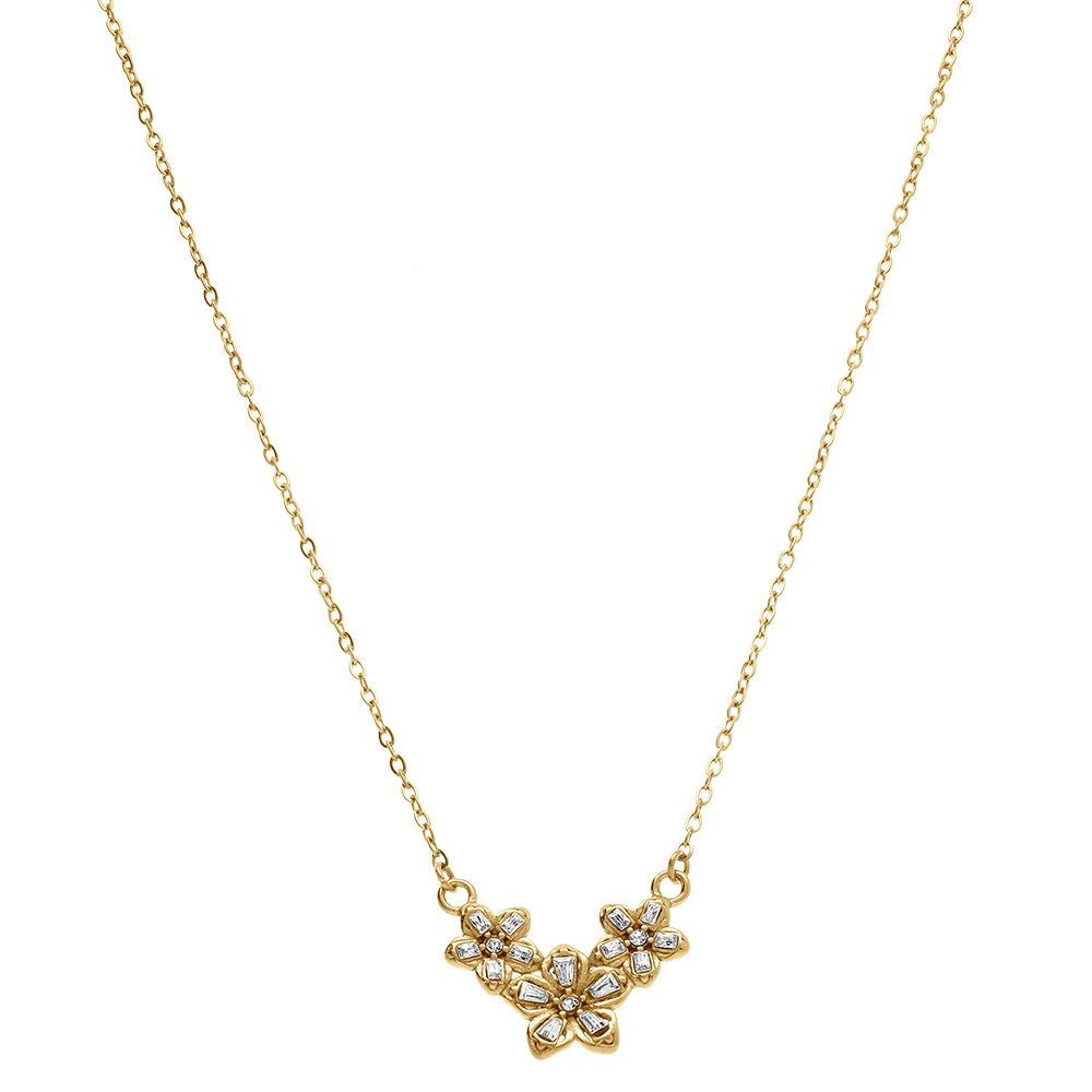 Collier en acier dor� trois fleurs d\'oxydes blancs sertis - 40+5cm - Vue 2