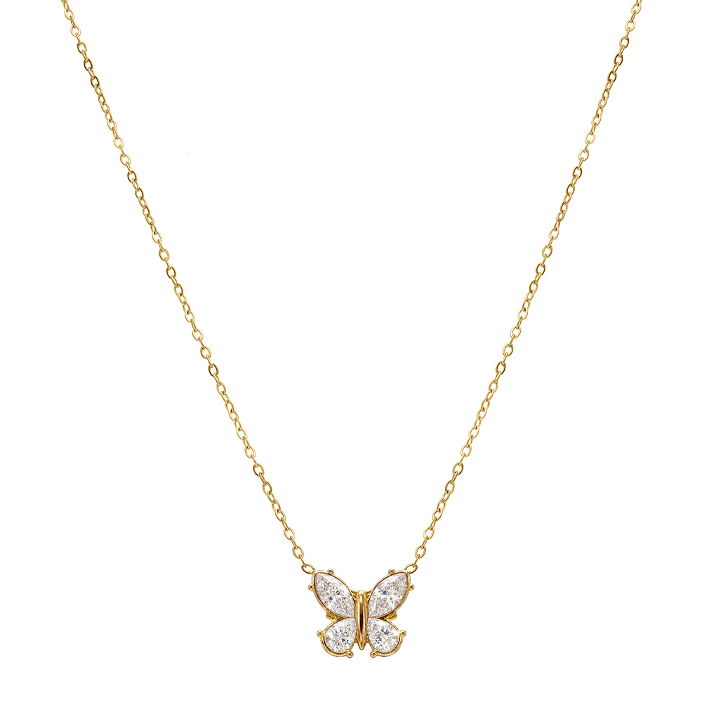 Collier en  acier dor� papillon avec oxydes blancs sertis - 45+5cm - Vue 2