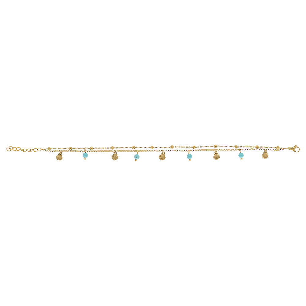 Cha�ne cheville en acier dor� deux rangs avec pampilles coquillages et boules turquoise -  23.5+3.5cm - Vue 2