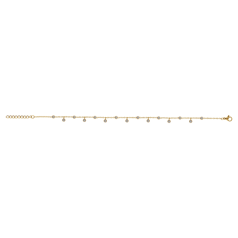 Cha�ne de cheville en acier dor� avec pampilles d\'oxydes blancs sertis clos - 22+3cm - Vue 2