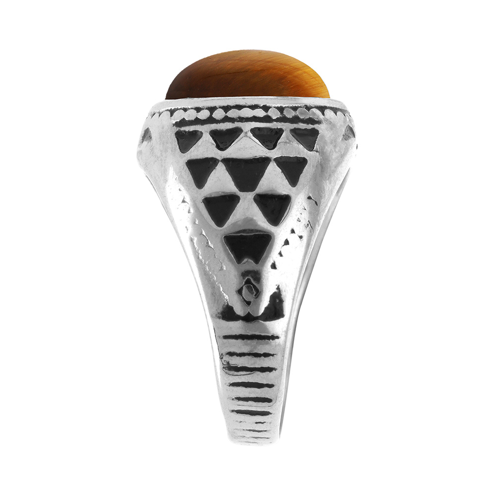 Chevali�re en acier avec grosse pierre en Oeil de tigre v�ritable - Vue 2