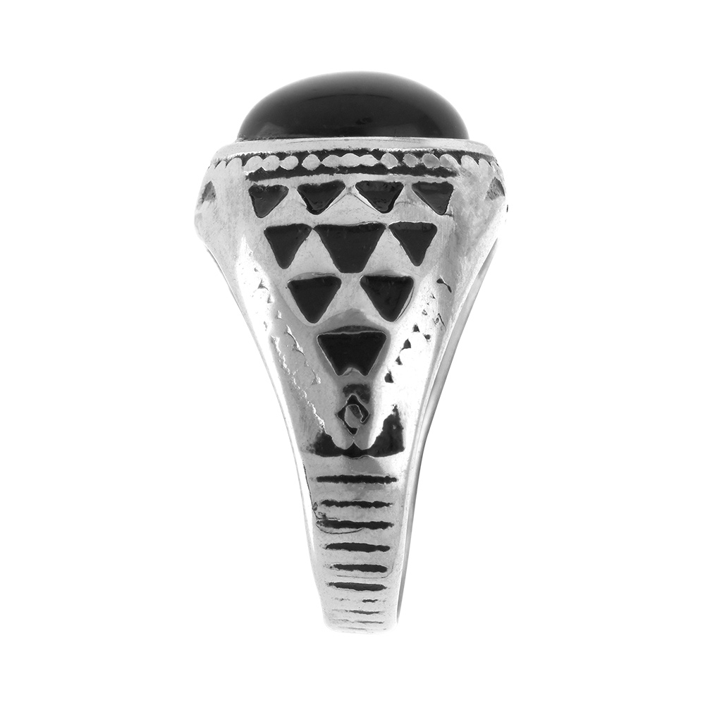 Chevali�re en acier avec gros onyx de synth�se noir - Vue 2