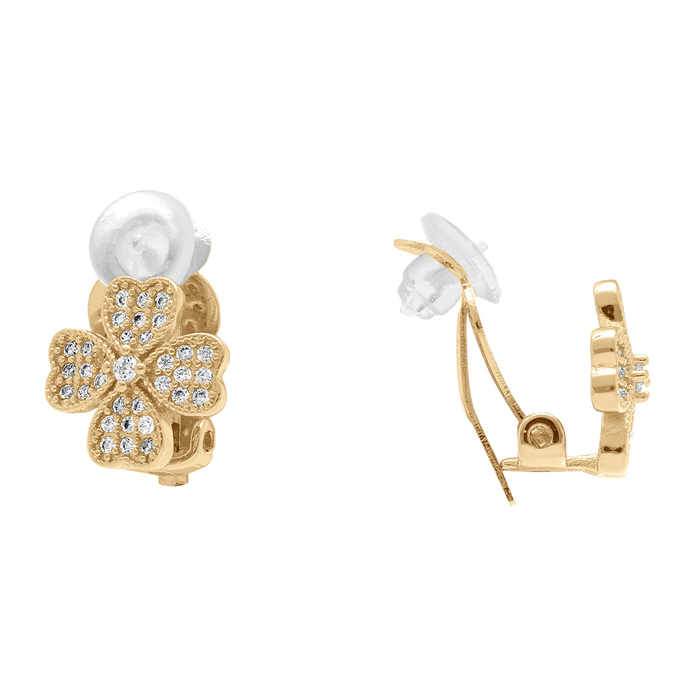 Boucles d\'oreille clip en laiton dor� tr�fle a quatre feuilles par� d\'oxydes blancs sertis - Vue 2
