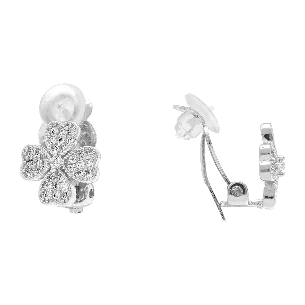 Boucles d\'oreille clip en laiton placage palladium tr�fle a quatre feuilles par� d\'oxydes blancs sertis - Vue 2