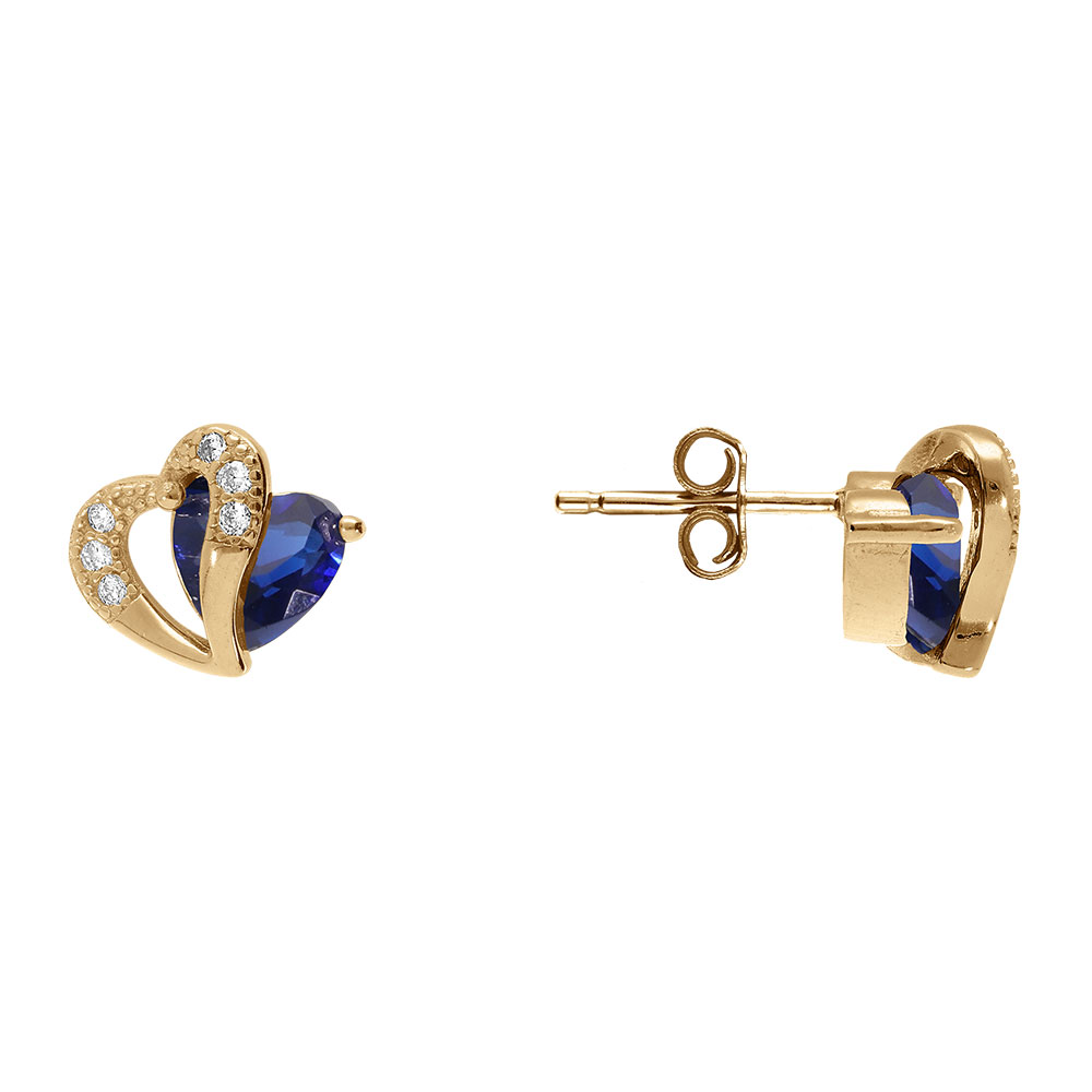 Boucles d\'oreille tige en vermeil double coeur d\'oxyde bleus et blancs - Vue 2