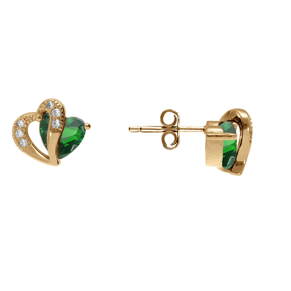 Boucles d\'oreille tige en vermeil double coeur d\'oxyde verts et blancs - Vue 2