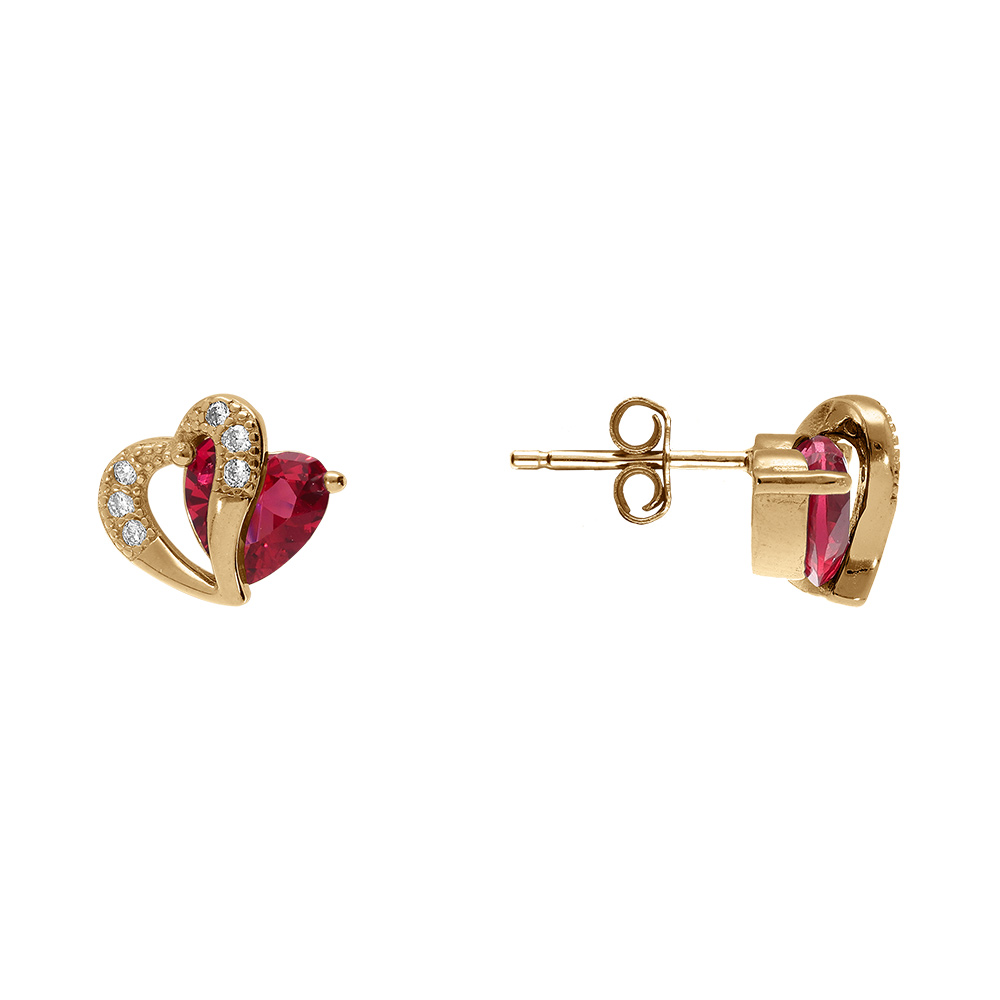 Boucles d\'oreille tige en vermeil double coeur avecoxyde rouge et blancs - Vue 2