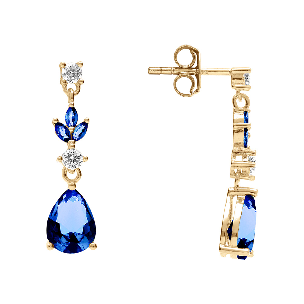 Boucles d\'oreille pendante  tige en vermeil motif feuille avec oxydes bleu et blanc - Vue 2