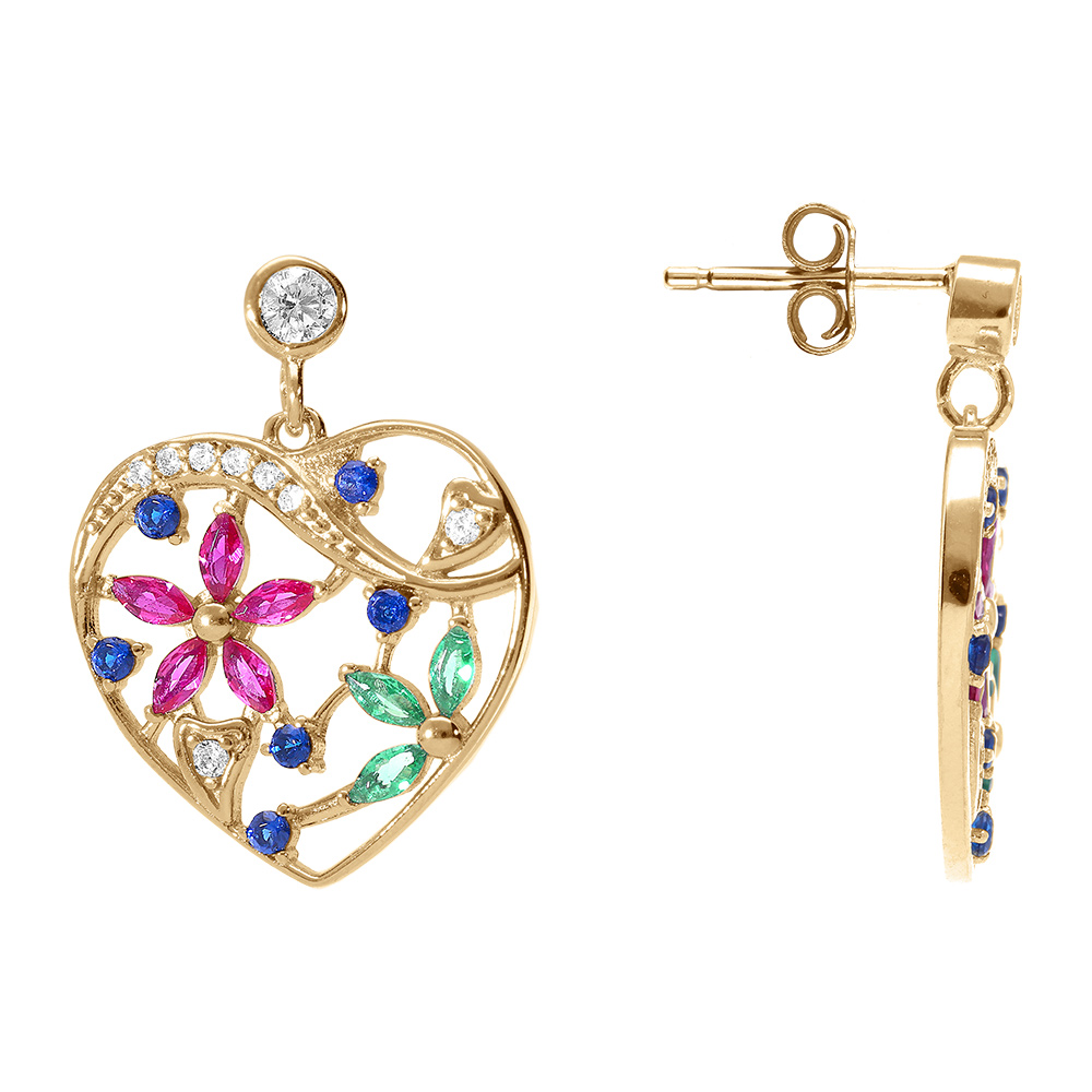 Boucles d\'oreille tige en vermeil coeur avec fleurs d\'oxydes multi couleurs - Vue 2