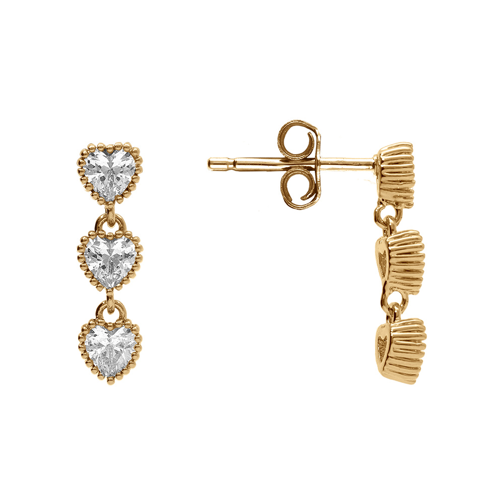 Boucles d\'oreille pendante tige en vermeil trois coeurs avec oxydes blancs - Vue 2