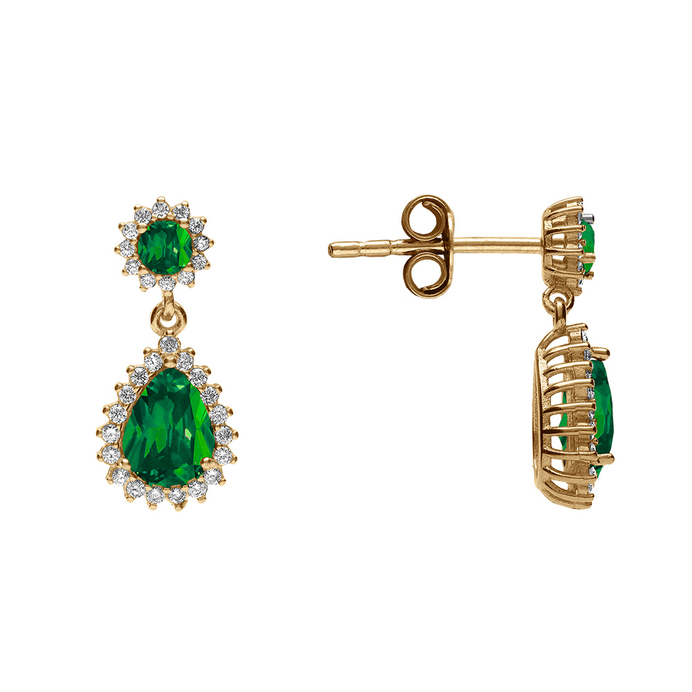 Boucles d\'oreille tige en vermeil forme goutte compos d\'oxydes vert et contour d\'oxydes blancs sertis - Vue 2