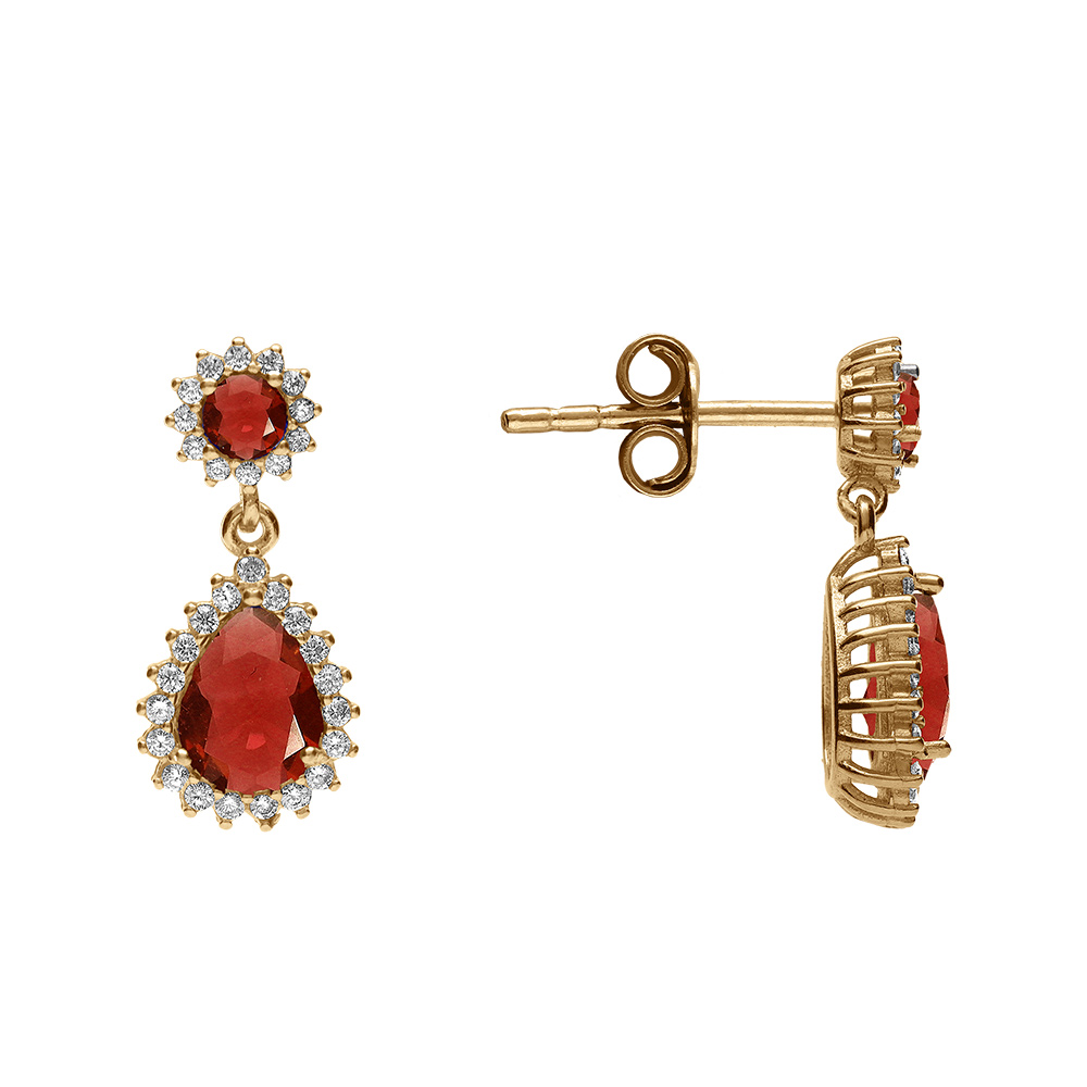 Boucles d\'oreille tige en vermeil  goutte oxydes rouge et halo d\'oxydes blancs sertis - Vue 2