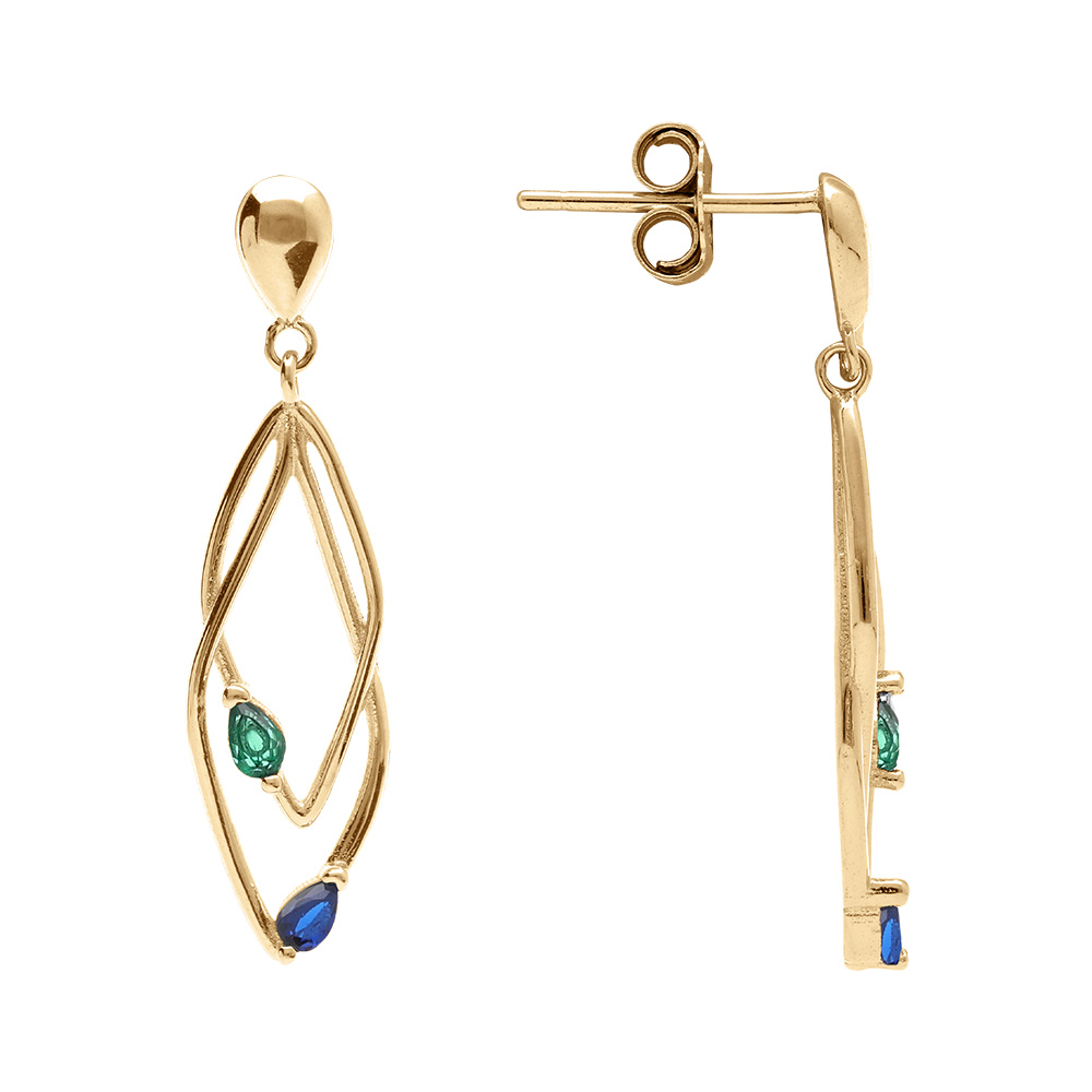 Boucles d\'oreille tige en vermeil deux losanges entrelac�s avec oxydes bleu et vert sertis - Vue 2