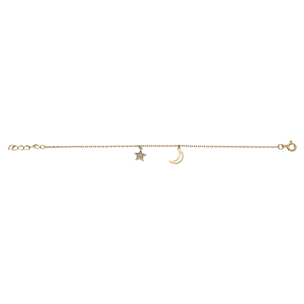 Bracelet en vermeil pampilles lune �vid�e et coeur d\'oxydes blancs sertis - 16+3cm - Vue 2