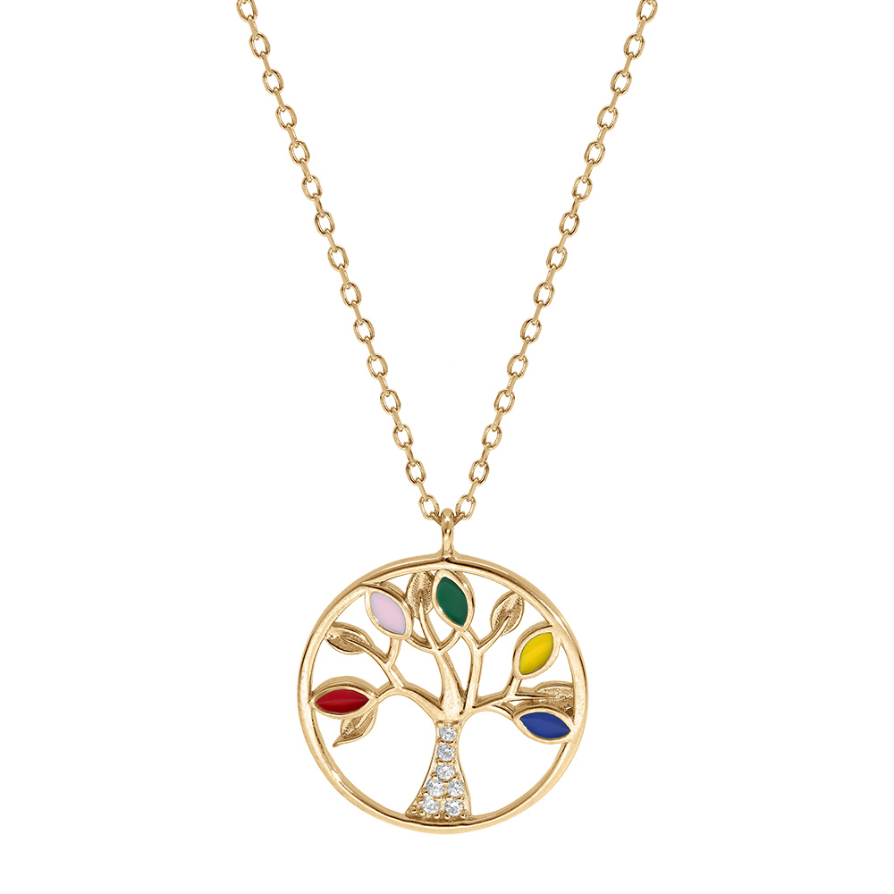Collier en vermeil arbre de vie r�sine multi couleurs et oxydes blancs - 40+5cm - Vue 2