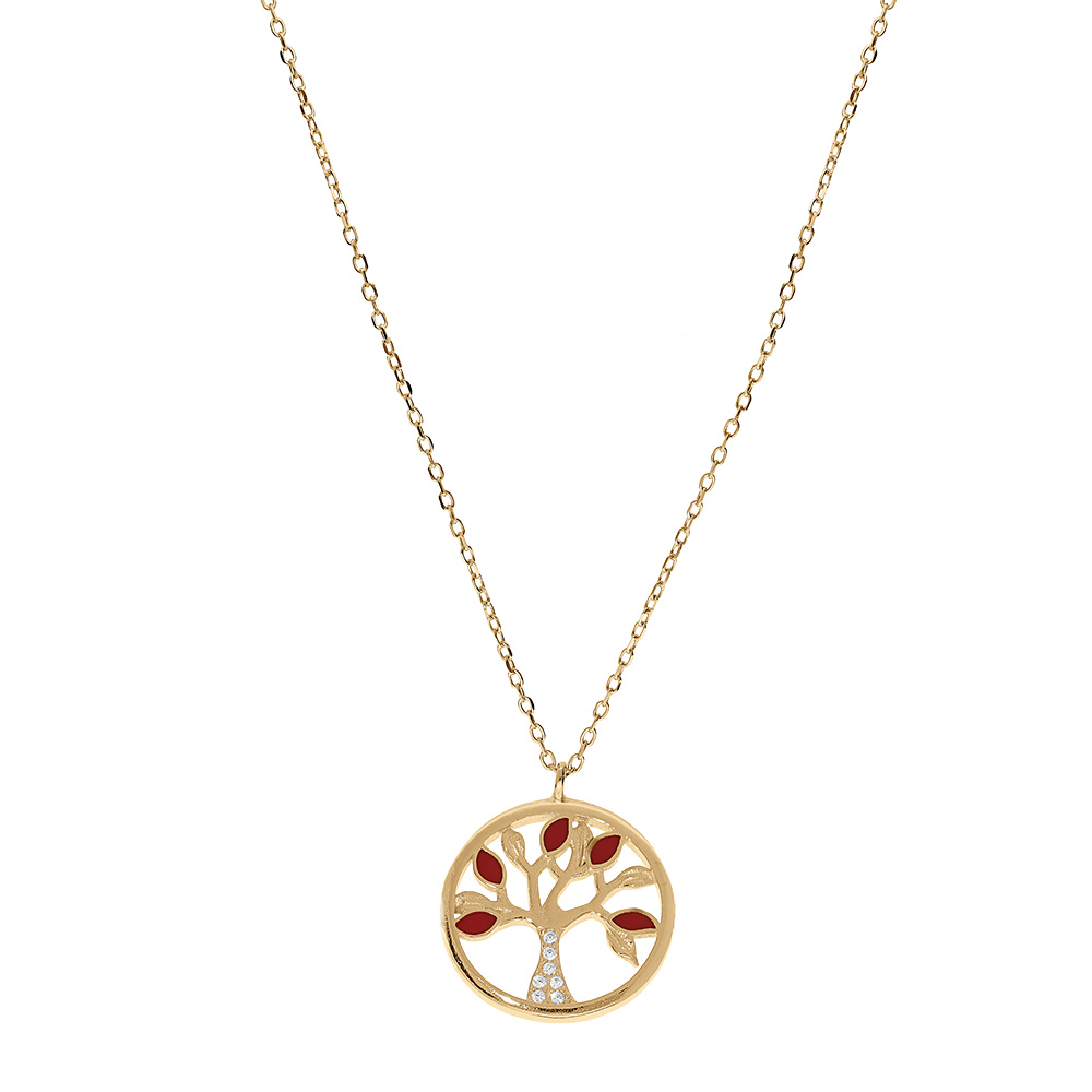 Collier en vermeil arbre de vie r�sine rouge et oxydes blancs - 40+5cm - Vue 2