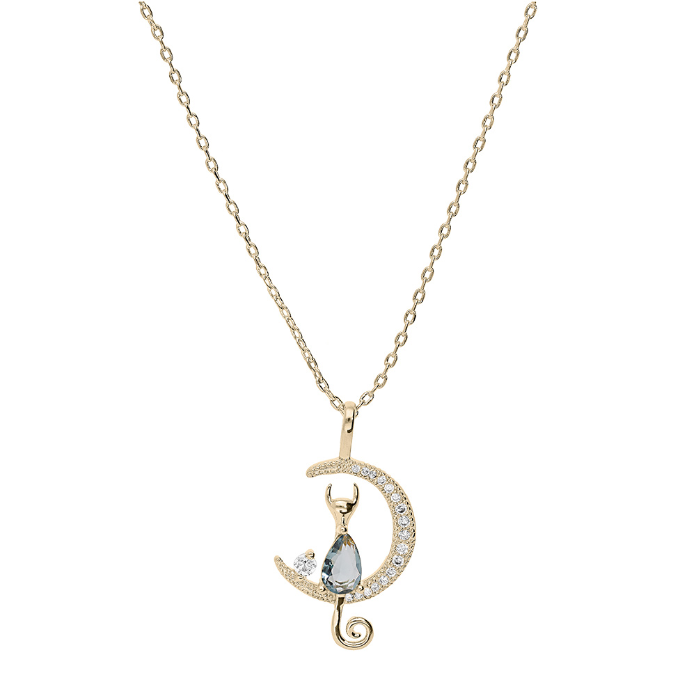 Collier en vermeil demi lune et chat oxyde bleu - 40+5cm - Vue 2