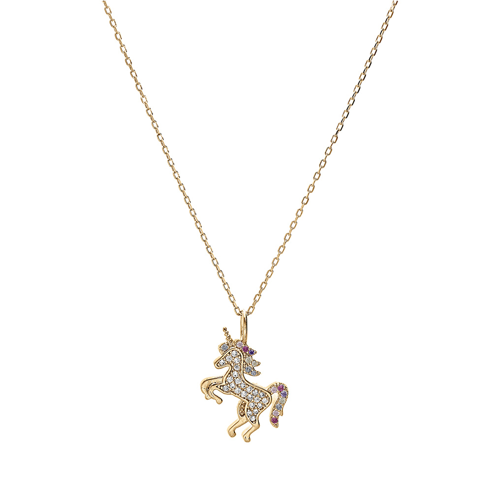 Coller en vermeil pendentif massif licorne orn�e d\'oxydes multi couleurs sertis - 38+5cm - Vue 2