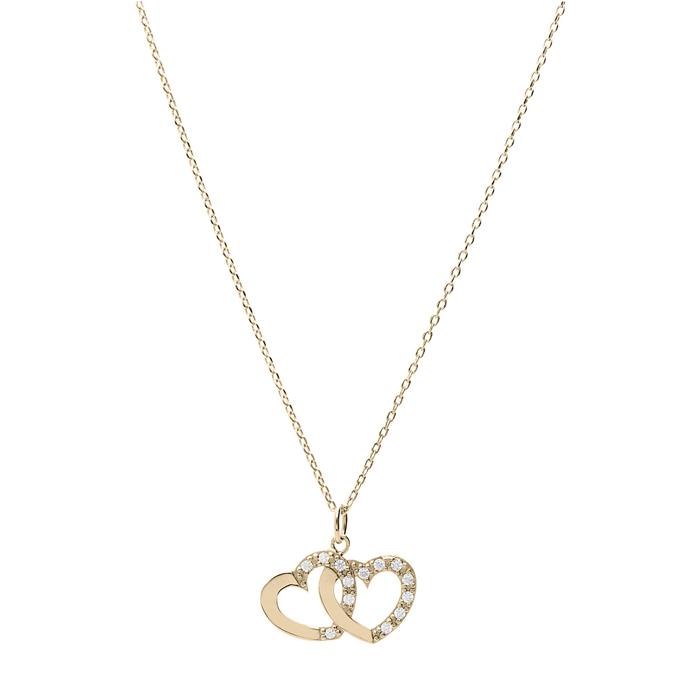 Collier en vermeil double coeur � graver avec oxydes blancs sertis - 42+3cm - Vue 2