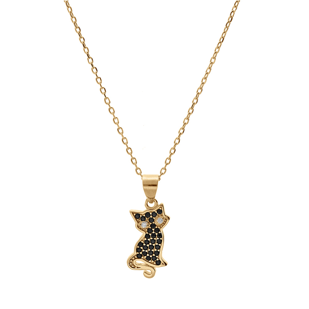 Collier en vermeil pendentif chat par� d\'oxydes noirs sertis - 43cm r�glable 41 et 39cm - Vue 2