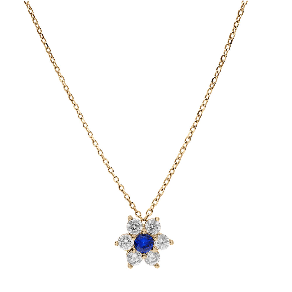 Collier en vermeil pendentif fleur marguerite oxyde central bleu fonc� et p�tales d\'oxydes  blancs sertis - 40+5cm - Vue 2