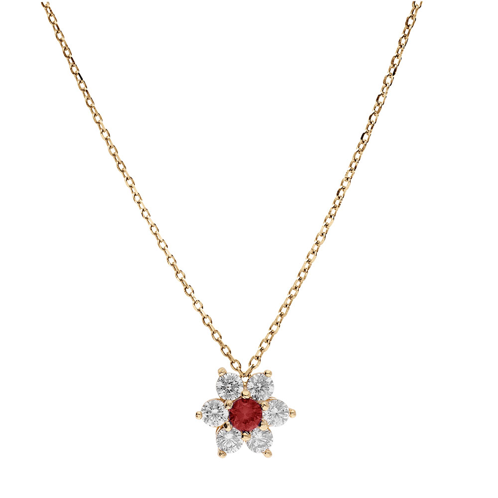 Collier en vermeil pendentif fleur marguerite oxyde central rouge fonc� et p�tales d\'oxydes  blancs sertis - 40+5cm - Vue 2