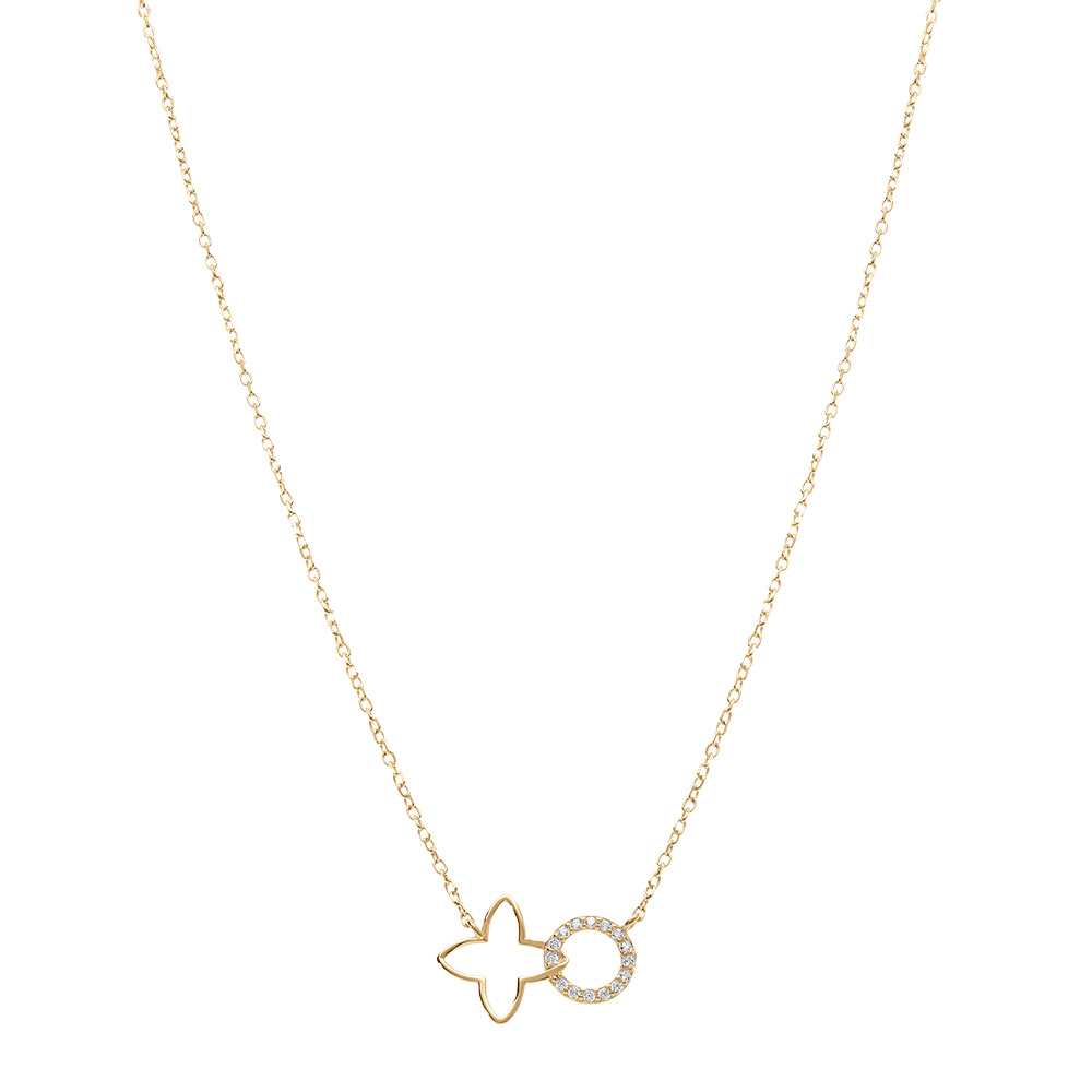 Collier en vermeil tr�fle  decoup� lisse et cercle entour� d\'oxydes blancs sertis - 40+4cm - Vue 2