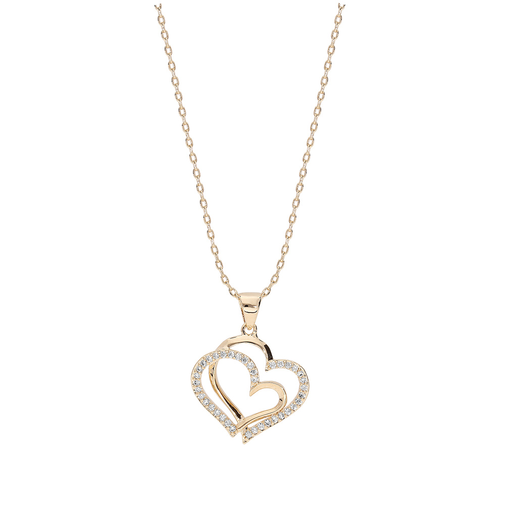 Collier en vermeil double coeur et oxydes blancs sertis - 40+5cm - Vue 2