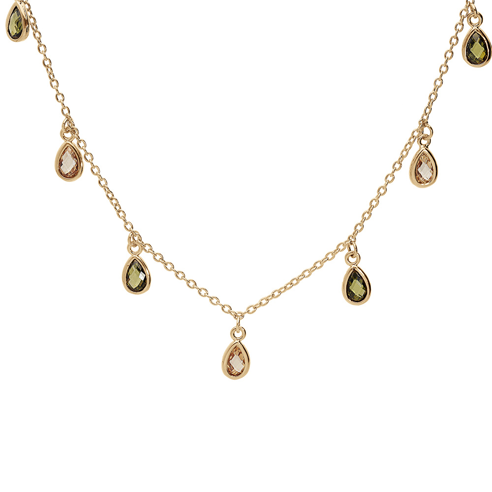 Collier en vermeil pampilles gouttes oxydes verts et orang� - 40+5cm - Vue 2