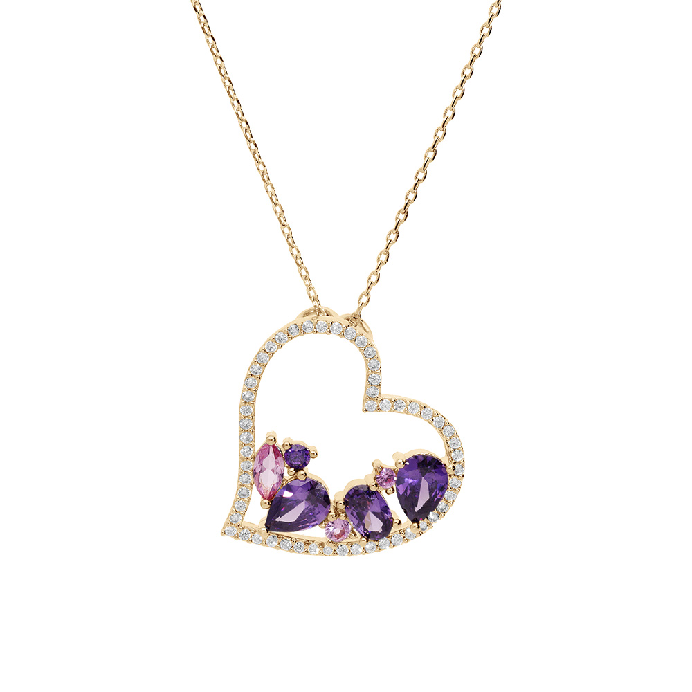Collier en vermeil massif pendentif coeur oxydes violets et roses � l\'int�rieur et contour oxydes blancs - 40+5cm - Vue 2