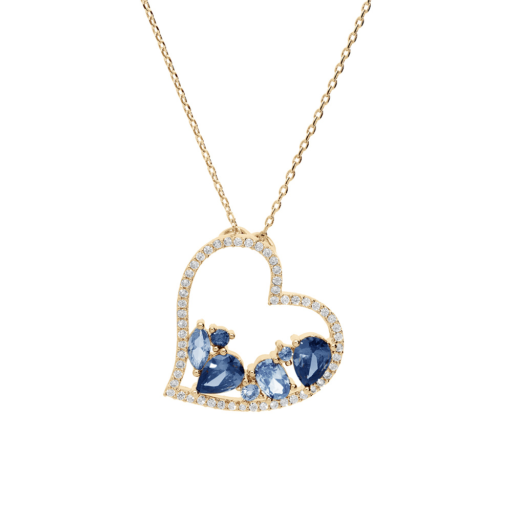 Collier en vermeil massif pendentif coeur avec oxydes bleus � l\'int�rieuret contour oxydes blancs - 40+5cm - Vue 2